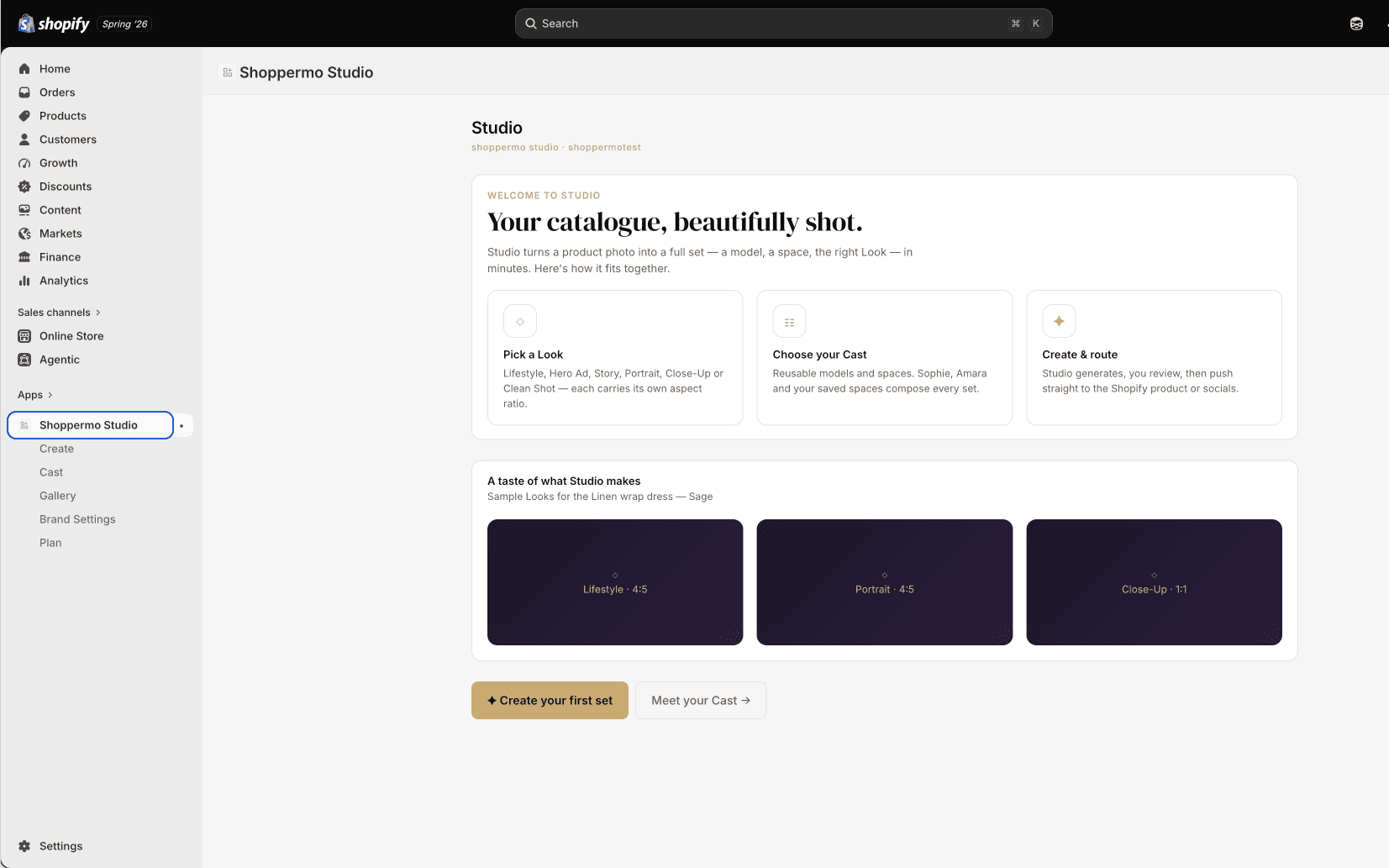 The Shoppermo Studio app inside Shopify admin: pick a Look, choose your Cast of models and spaces, create and route straight to the product or socials.
