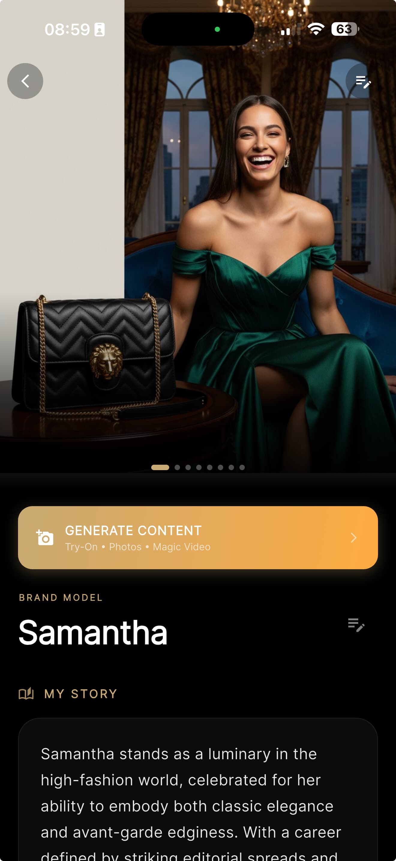 The Shoppermo Studio models screen: a named brand model, Samantha, with her own story, ready to wear a piece.