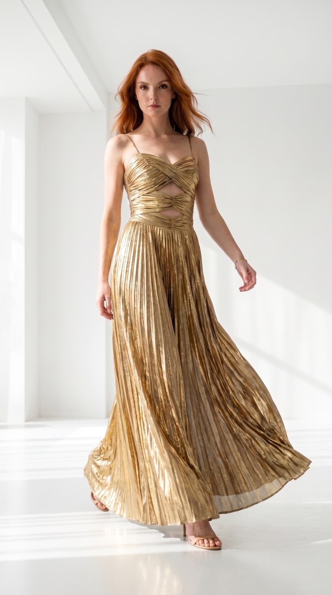 The same gold gown after Shoppermo: an editorial photo on a model in a bright studio, ready to post.